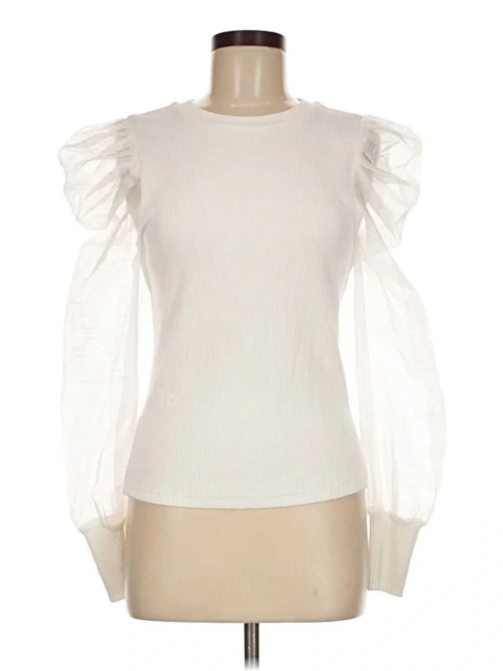 Anthropologie Dolan White Organza Puff-Sleeve Ribbed Top